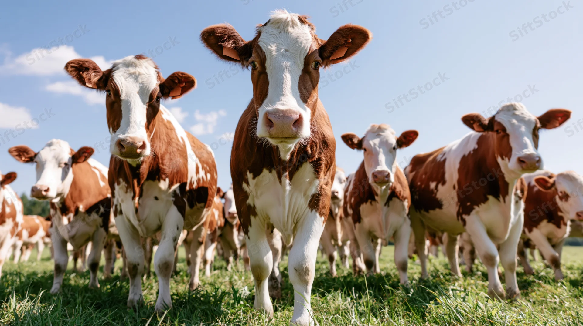 Herd of brown-and-white cows standing in a grassy pasture under a blue sky