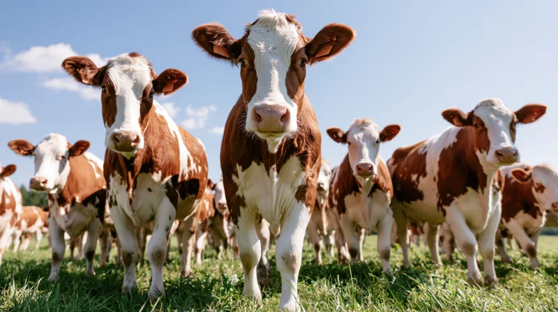 Herd of brown-and-white cows standing in a grassy pasture under a blue sky