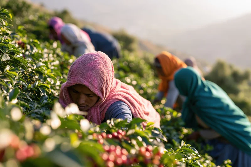 Woman harvesting tea leaves on a hillside plantation with other workers in the background