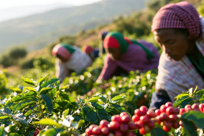 Women harvesting coffee cherries on a hillside farm in daylight