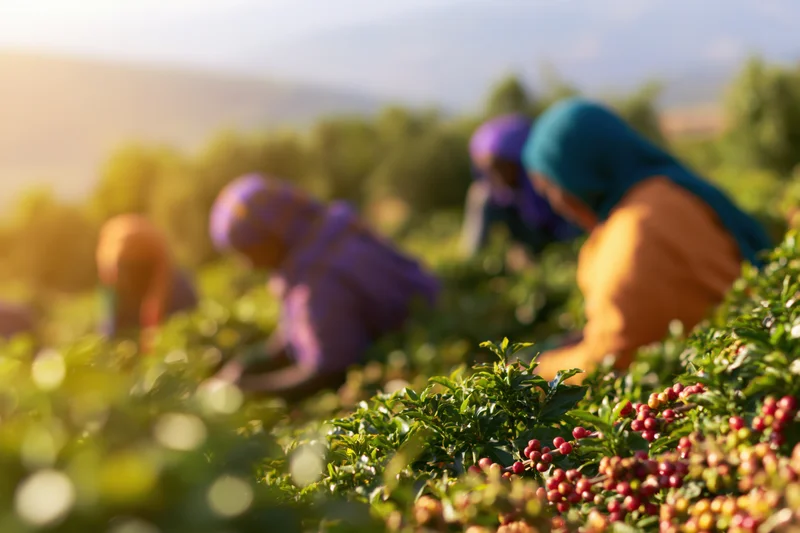 Women harvesting coffee cherries in a hillside field at sunrise