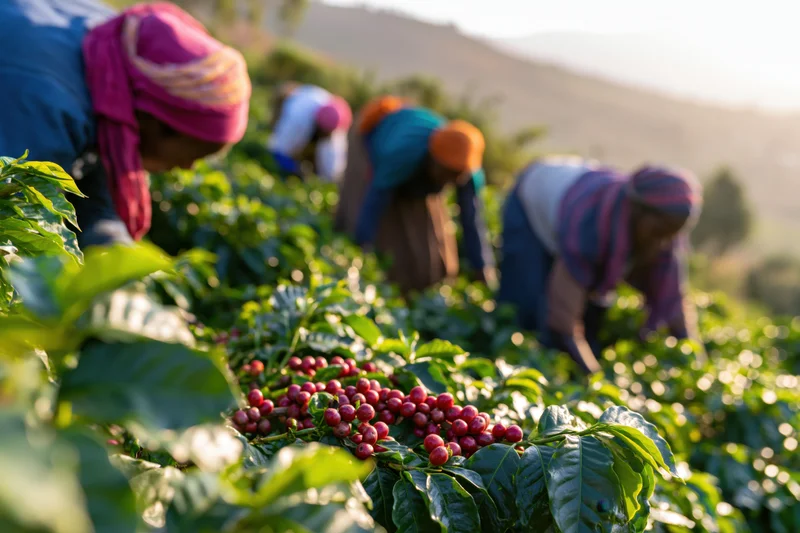 Women harvesting coffee cherries on a hillside farm in the morning light