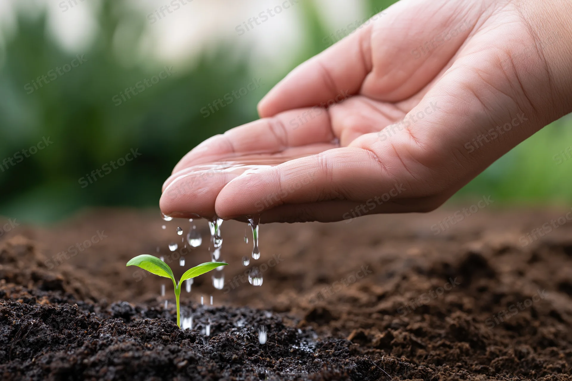 Hand watering a small green seedling in dark soil outdoors