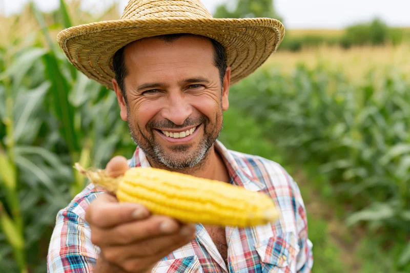 Smiling farmer holding corn cob in a field