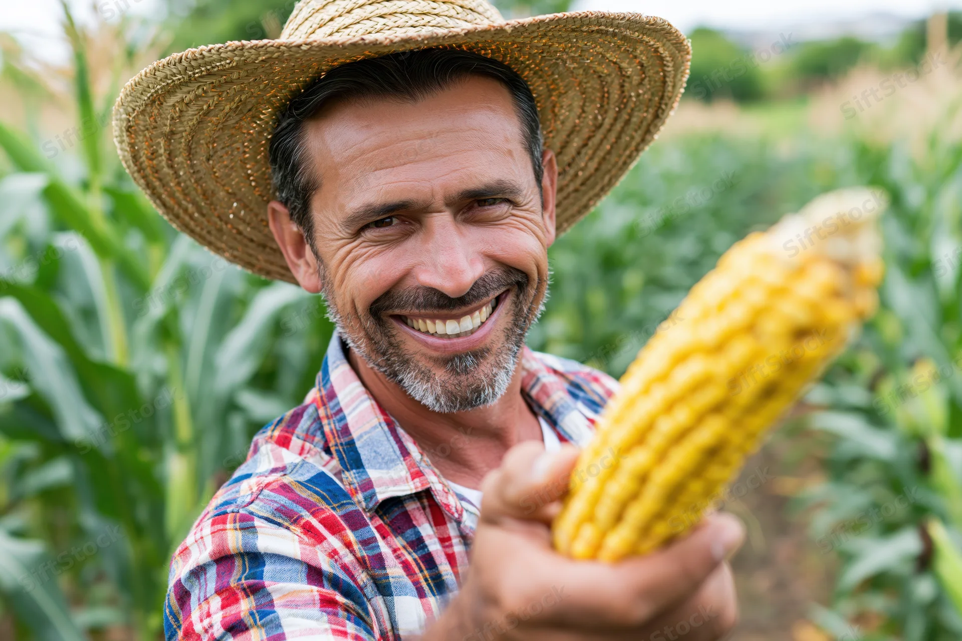 Smiling farmer holding corn cob in a field