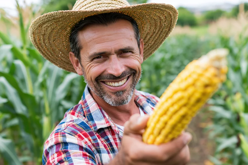 Smiling farmer holding corn cob in a field