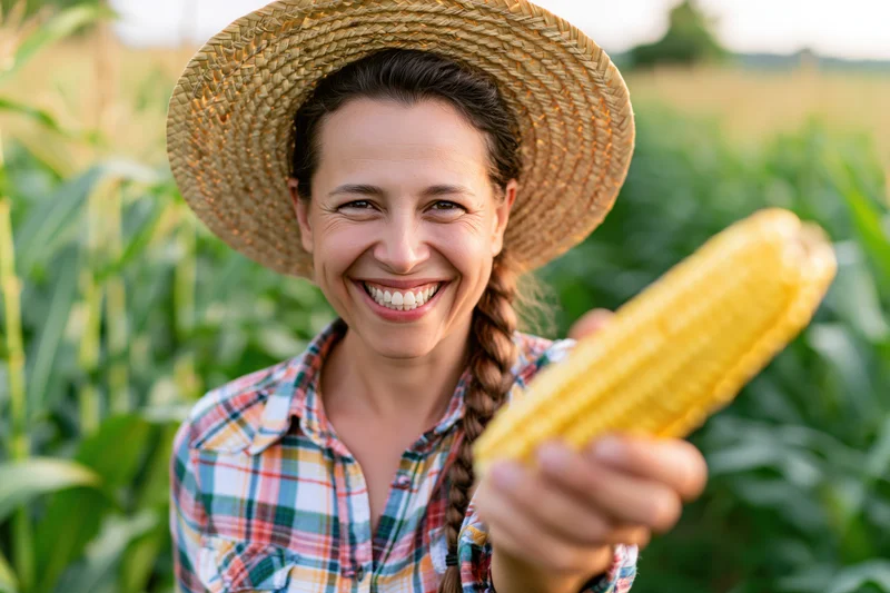 Woman farmer smiling while holding corn in a field