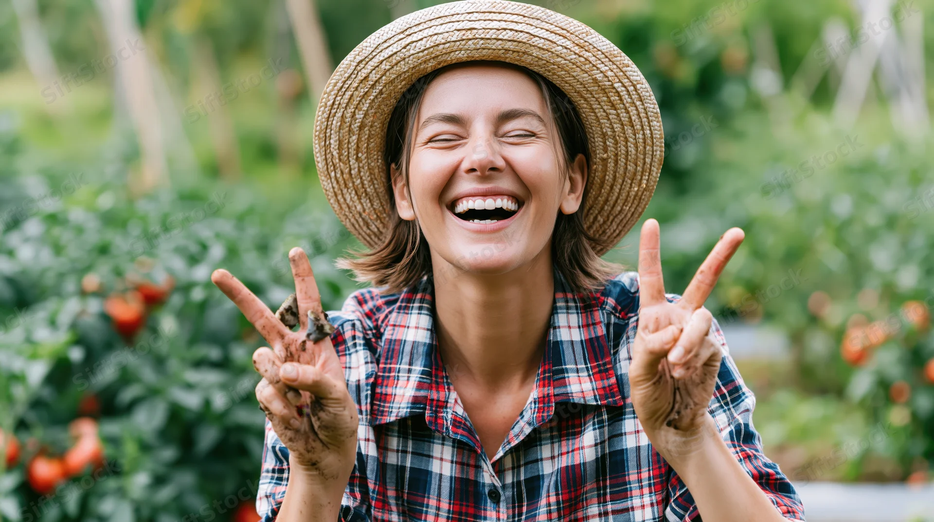 Woman laughing with victory signs in a vegetable garden wearing straw hat and plaid shirt