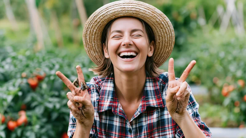 Woman laughing with victory signs in a vegetable garden wearing straw hat and plaid shirt