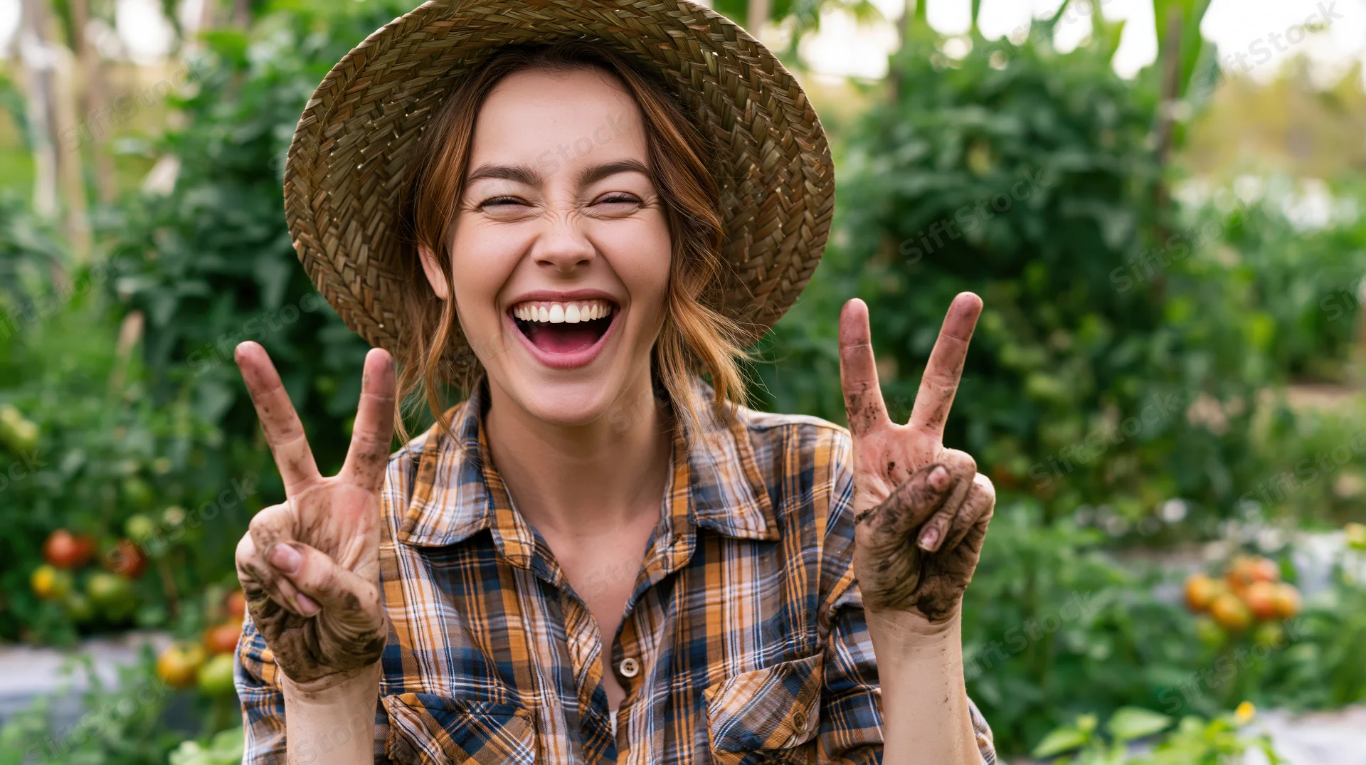 Joyful woman laughing with muddy hands making peace signs in vegetable garden