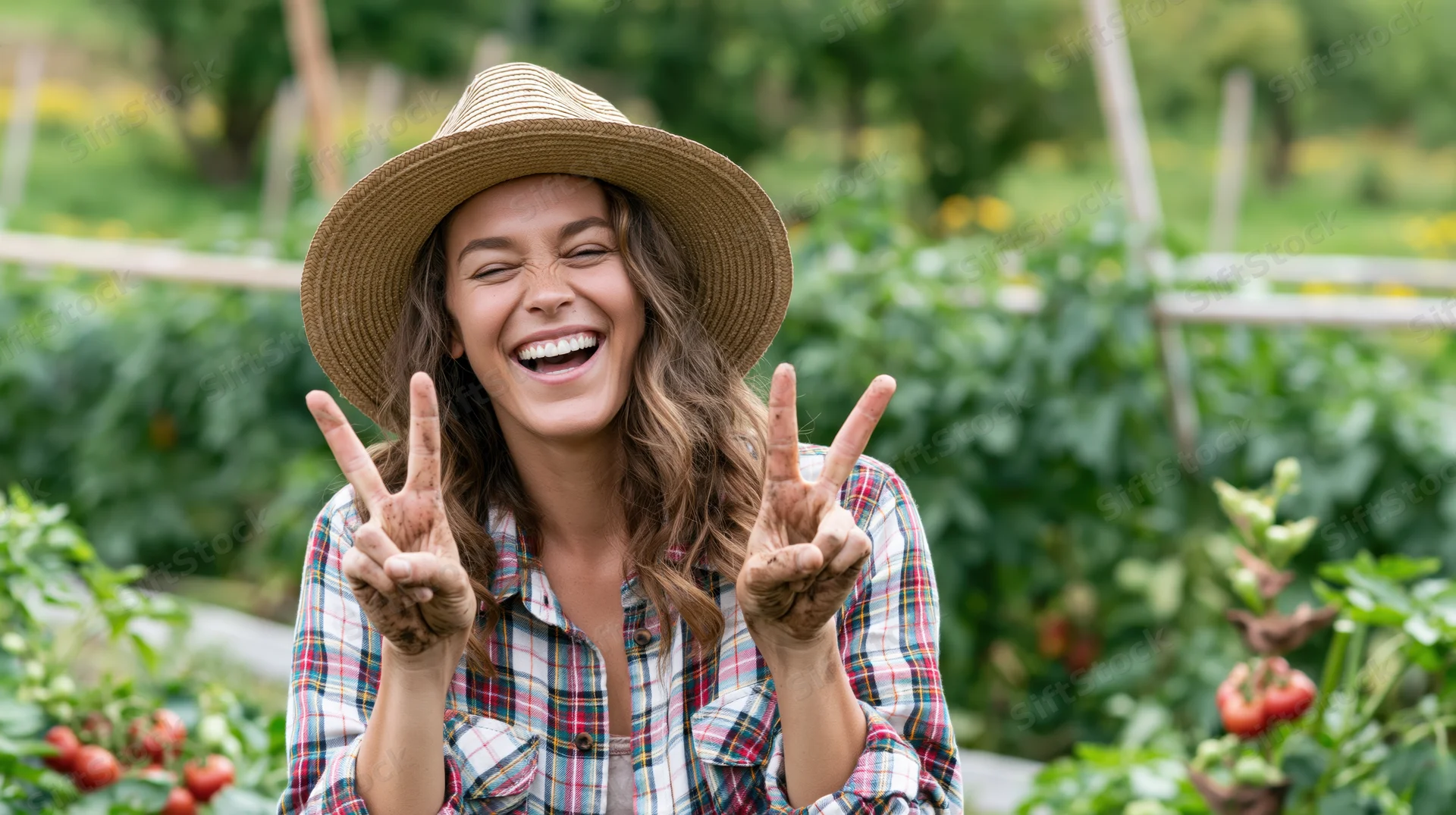 Woman laughing and making peace signs in a vegetable garden