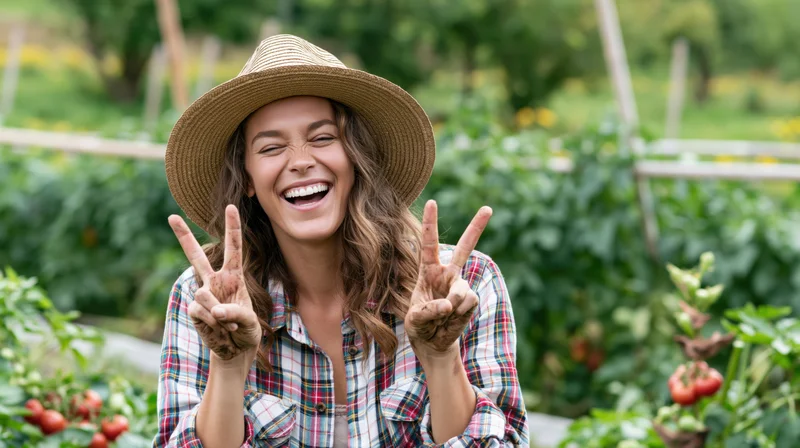 Woman laughing and making peace signs in a vegetable garden