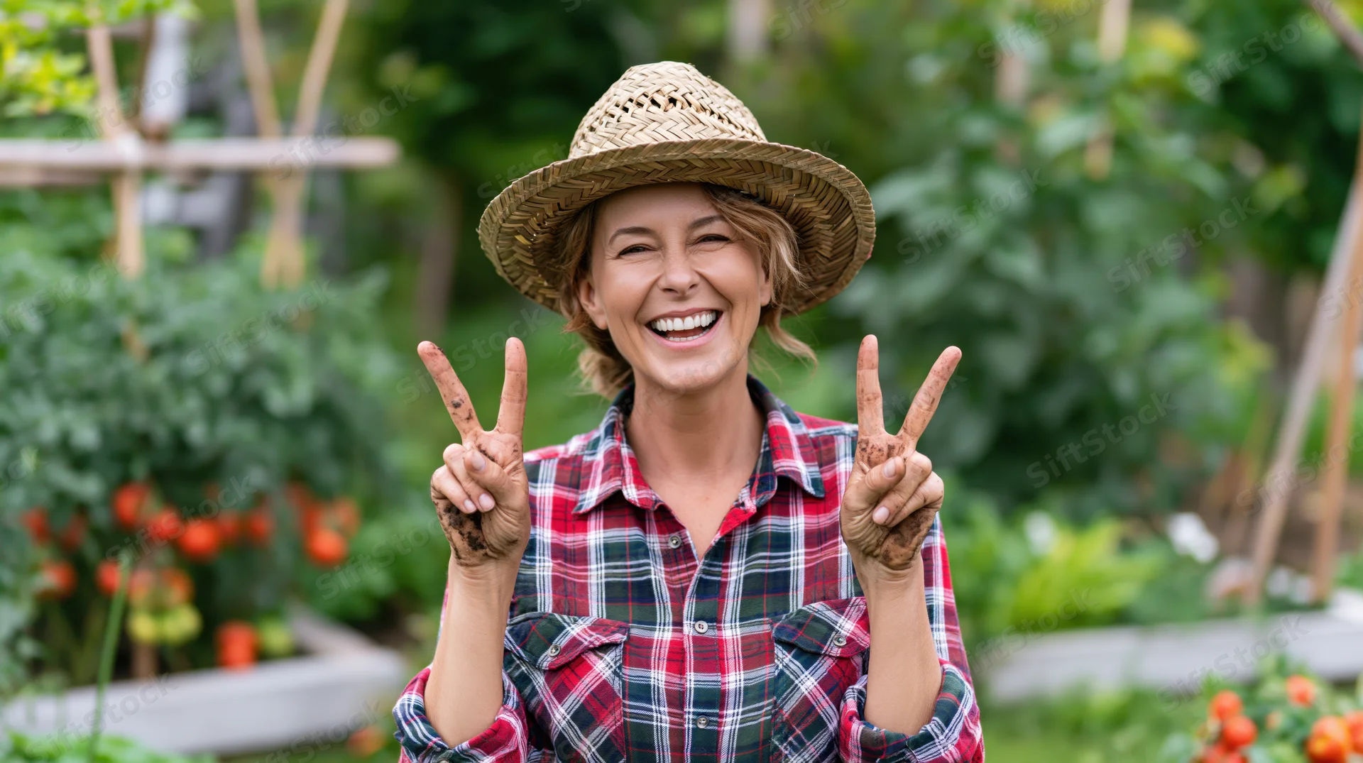 Woman smiling and making peace signs in a vegetable garden
