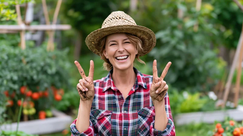 Woman smiling and making peace signs in a vegetable garden