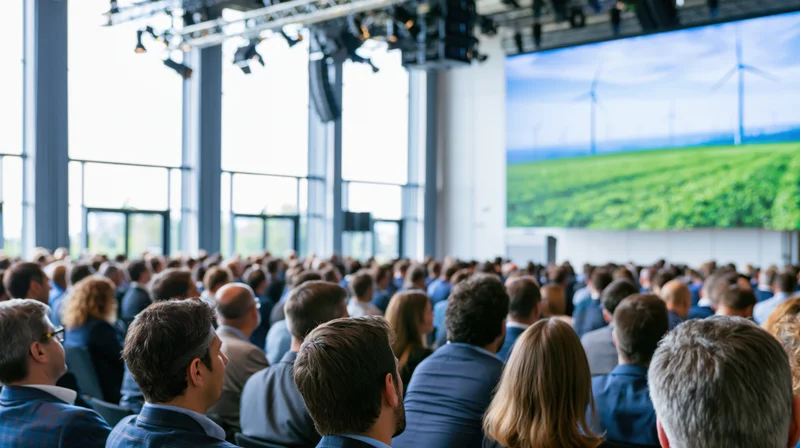 Audience seated in a conference hall watching a presentation on renewable energy displayed on a large screen