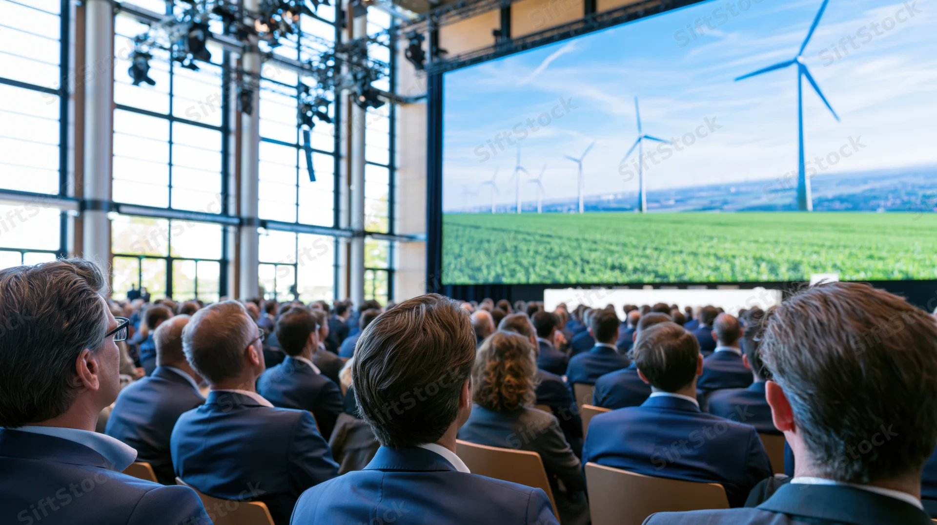 Audience in formalwear watching wind turbine presentation in large conference hall