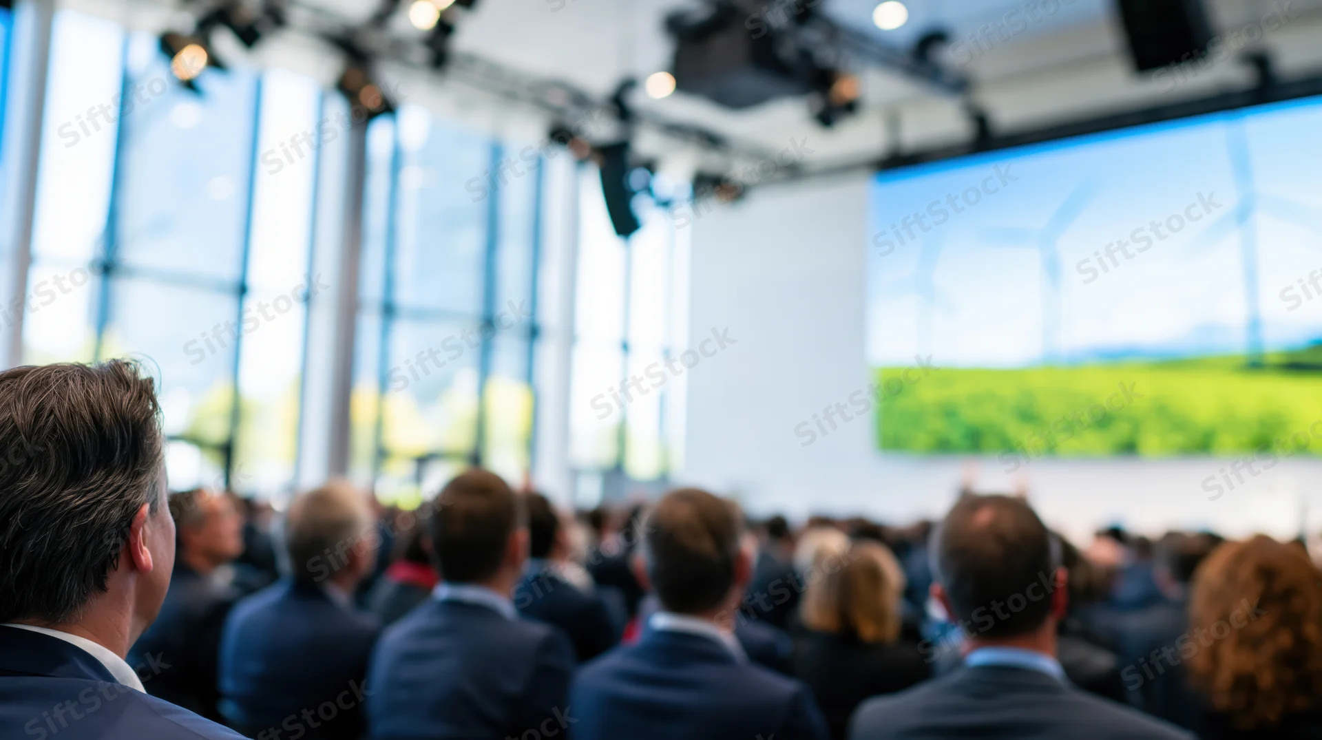 Audience in formal attire watching a presentation on renewable energy in a conference hall