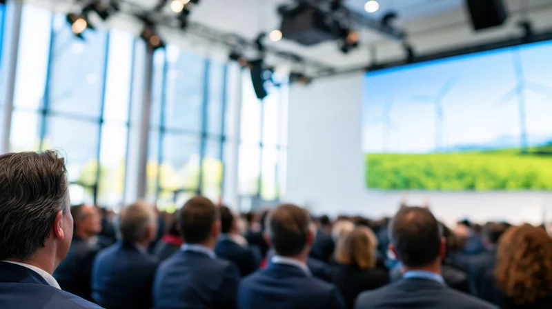 Audience in formal attire watching a presentation on renewable energy in a conference hall