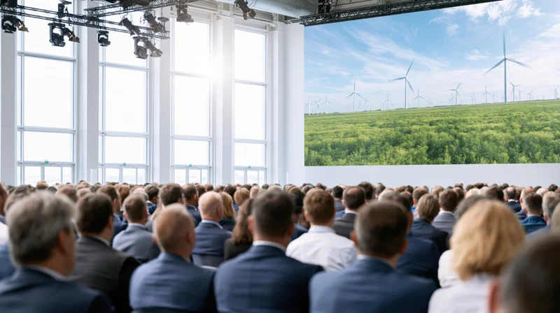 Audience in formal attire watching a presentation on wind turbines in a modern conference hall