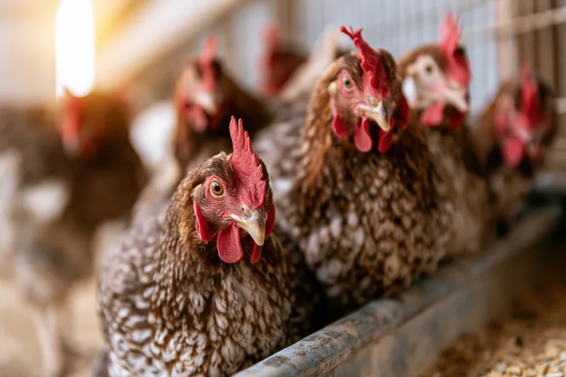 Chickens feeding from a metal trough inside a barn coop