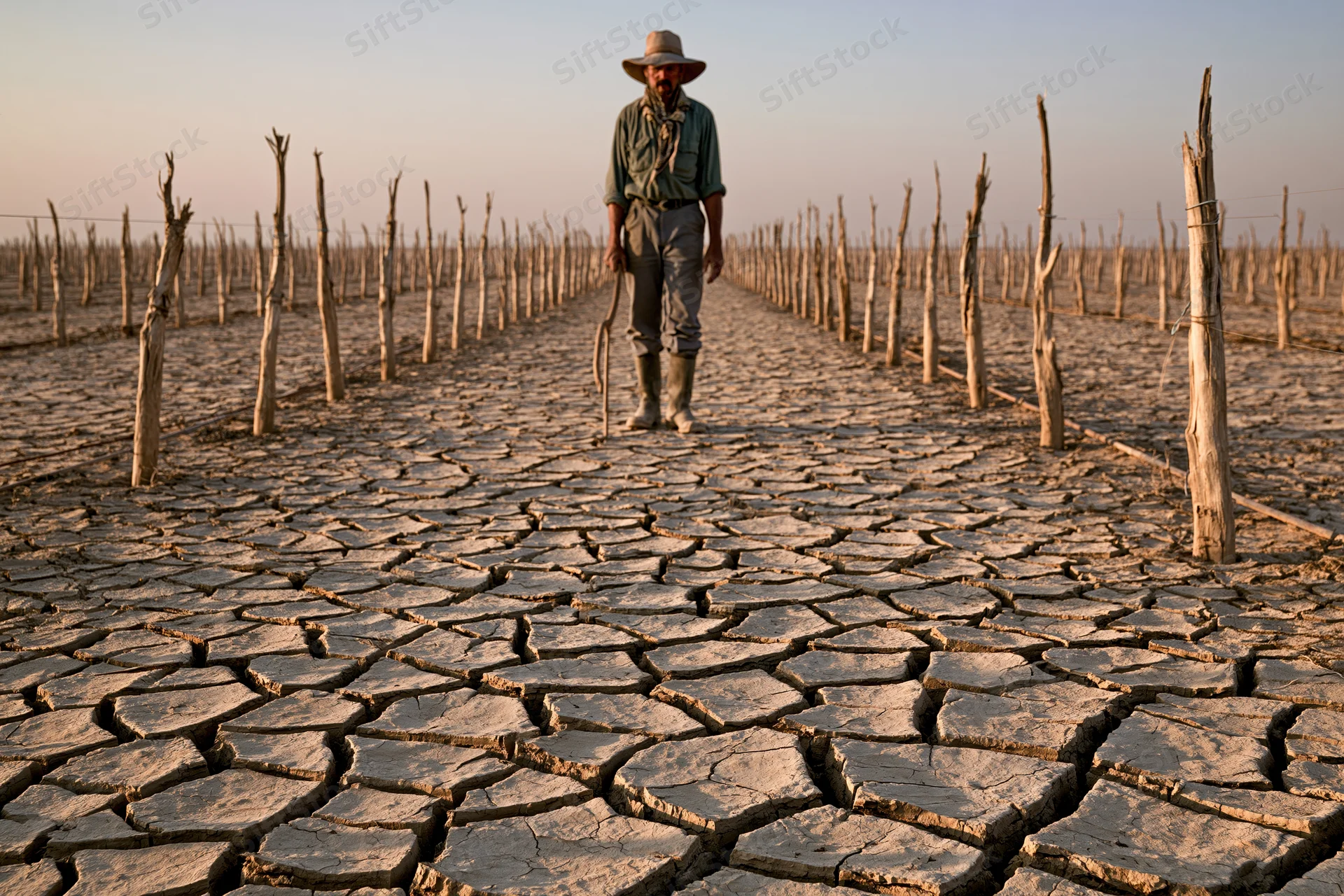 Farmer standing in a cracked dry field with dead crop stakes under a clear sky