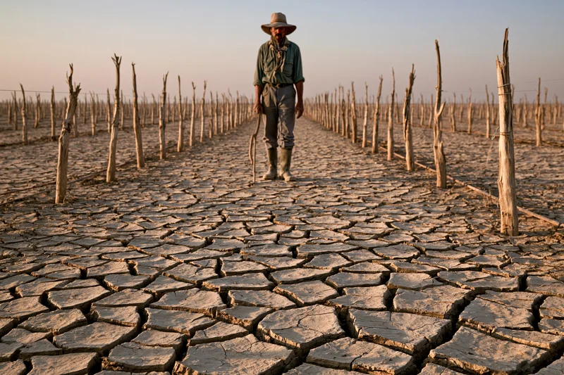 Farmer standing in a cracked dry field with dead crop stakes under a clear sky
