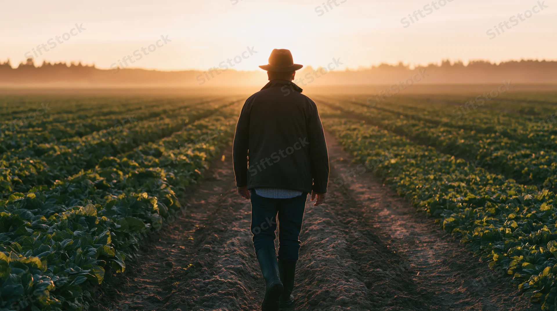 Farmer walking through rows of cabbage in a field at sunset