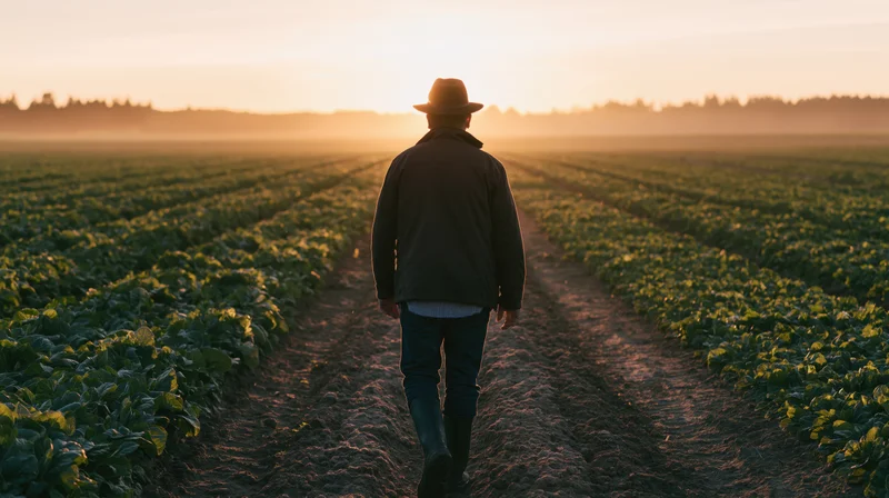 Farmer walking through rows of cabbage in a field at sunset