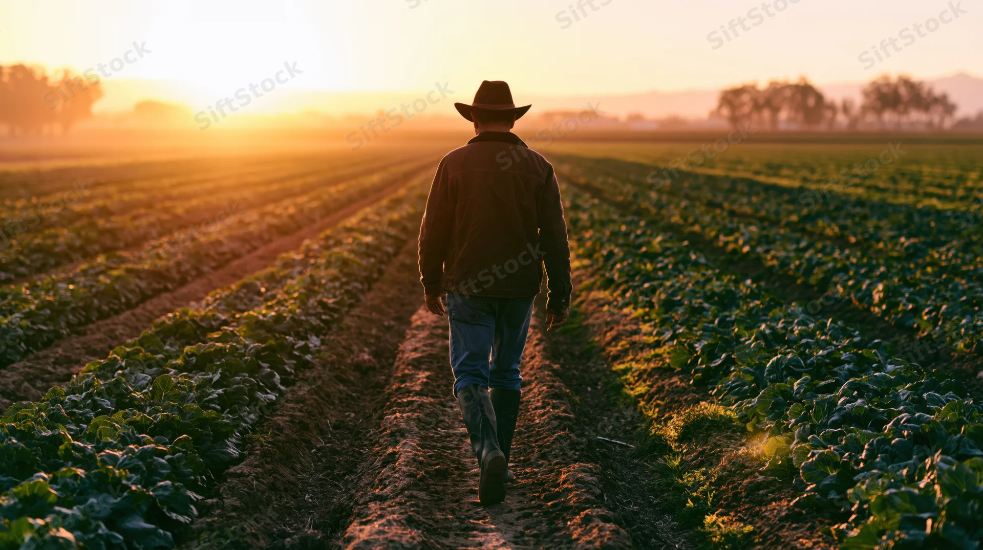 Farmer walking along crop rows in a field at sunset