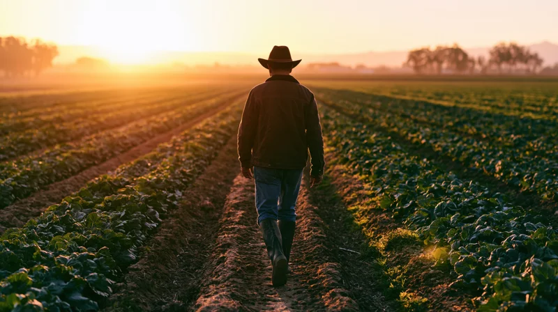 Farmer walking along crop rows in a field at sunset
