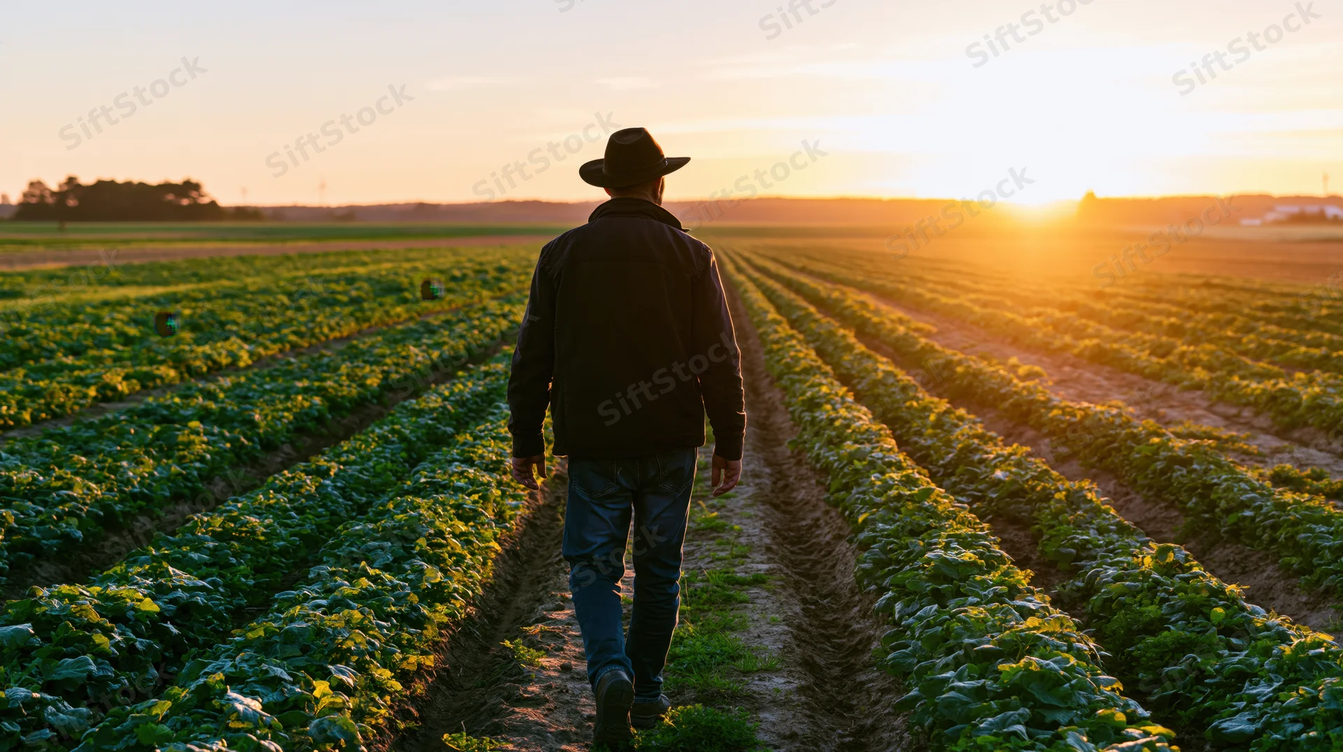 Farmer walking between rows of crops in a field at sunset