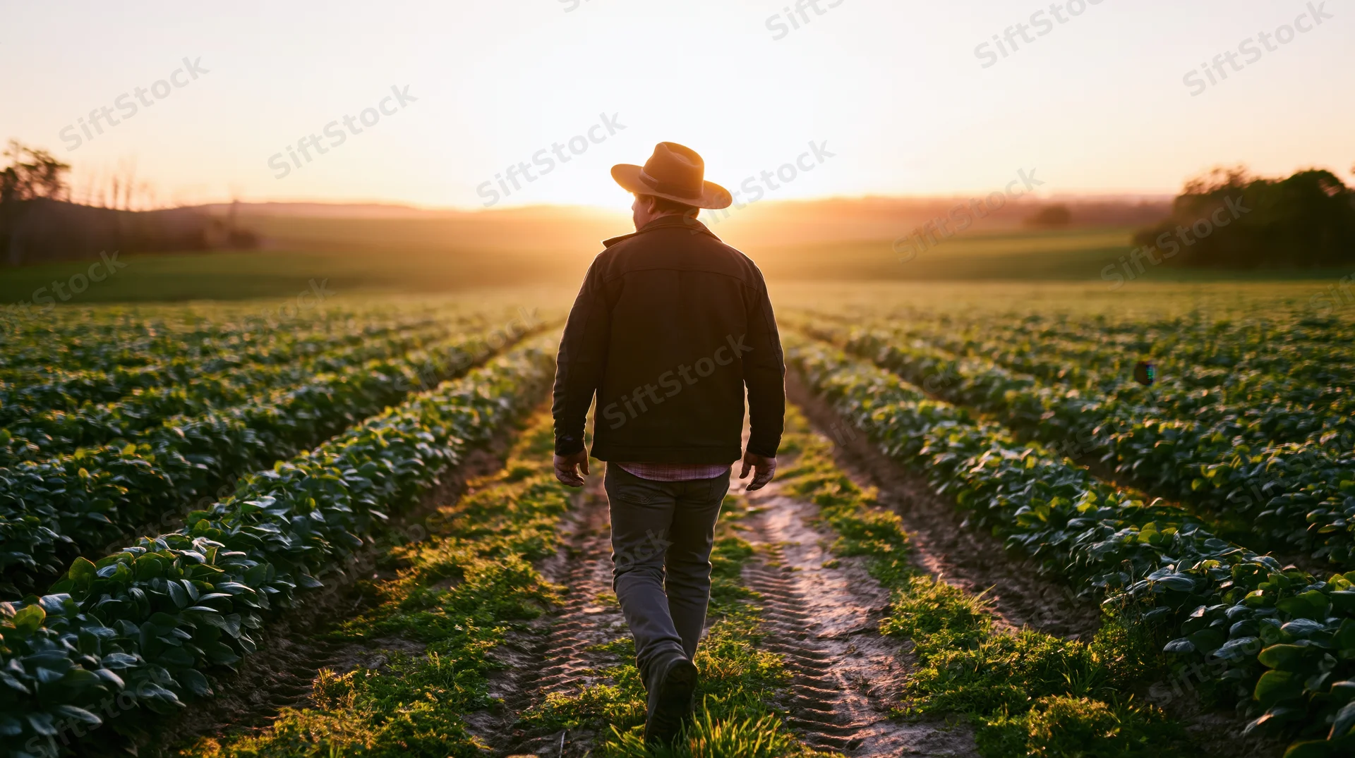 Farmer walking through rows of crops in a field at sunset