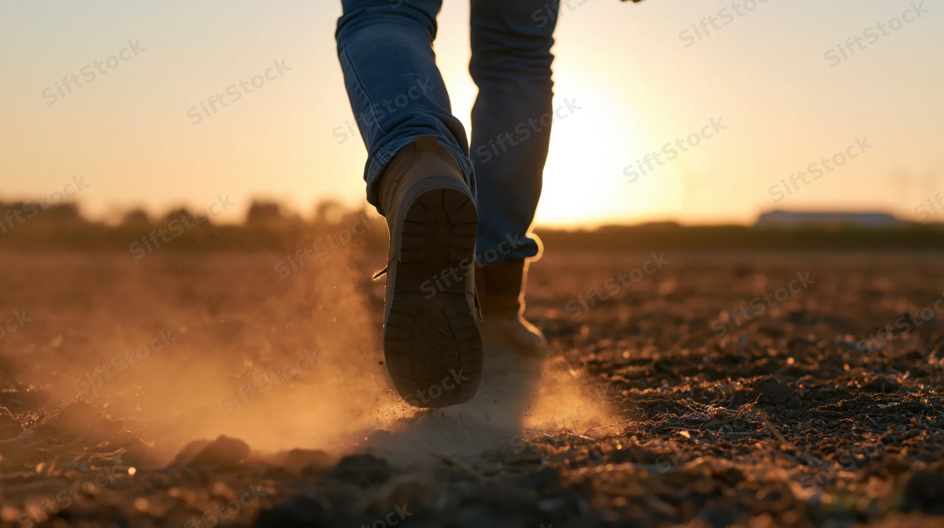 Legs in jeans and boots walking on dusty gravel path at sunset