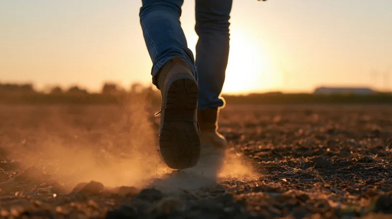 Legs in jeans and boots walking on dusty gravel path at sunset