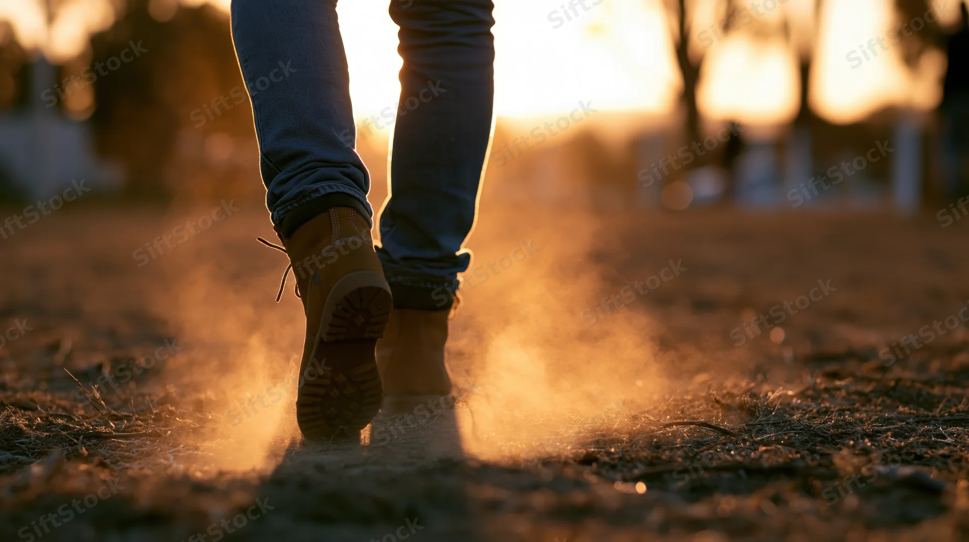 Person walking on a dirt path at sunset, low-angle view of boots and jeans kicking up dust