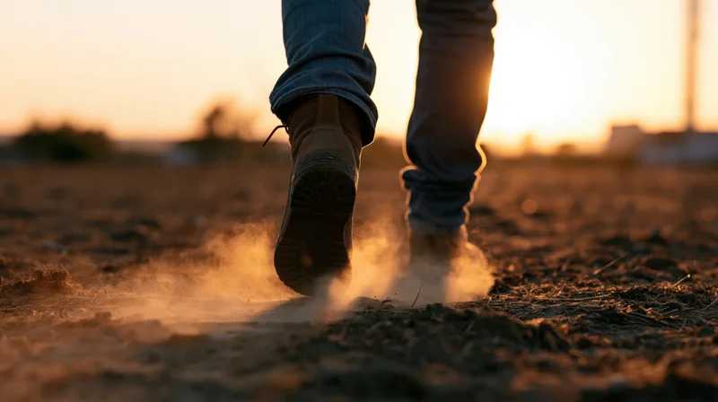 Feet in boots walking on dusty soil at sunset in a rural field
