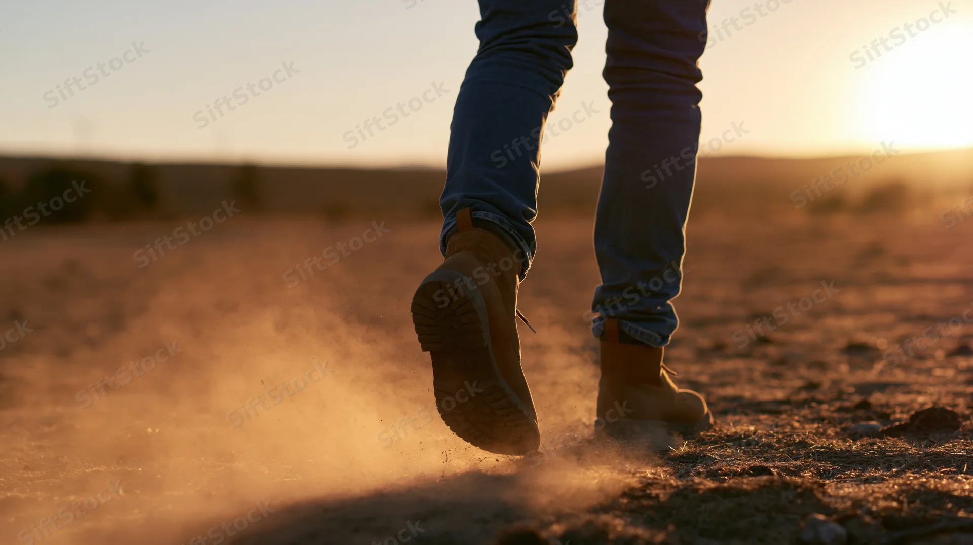 Legs in boots and jeans walking on dusty desert ground at sunset