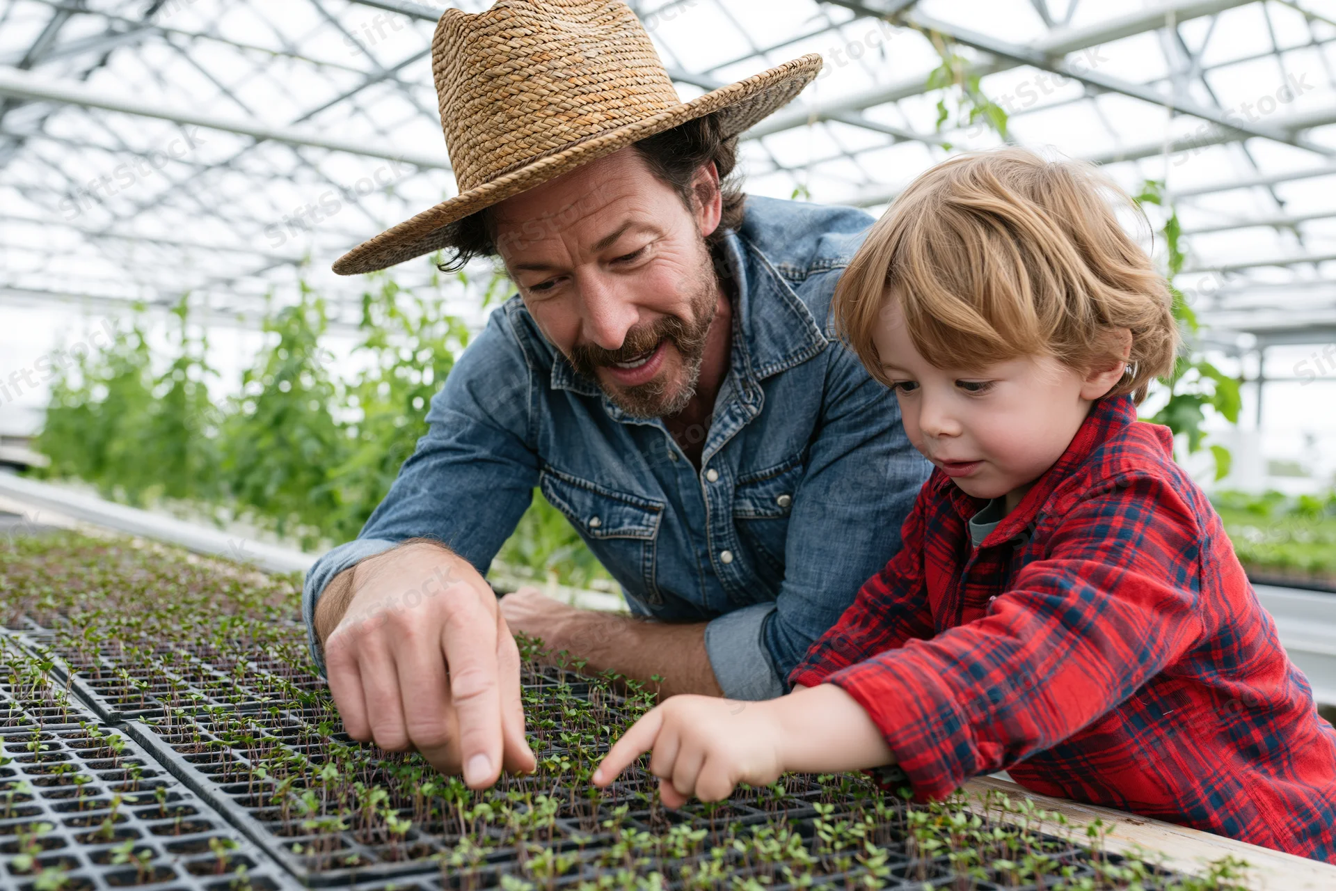 Man and child pointing at seedlings in a greenhouse tray