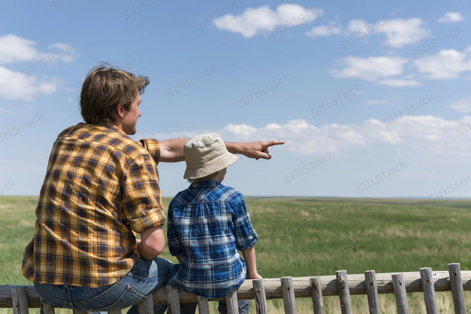 Father and son sitting on a wooden fence pointing at the countryside field
