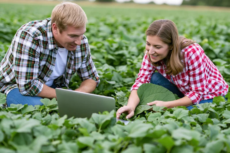 Man and woman kneeling in a field examining crops with a laptop