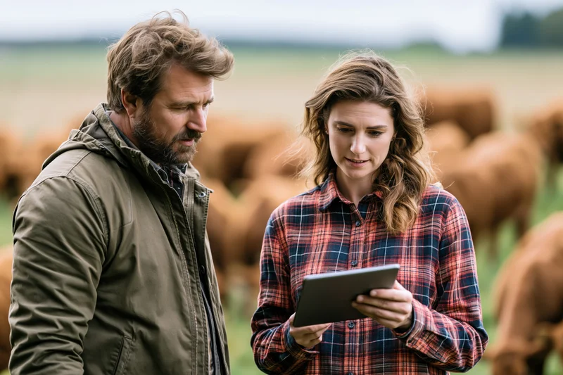 Woman and man examining tablet in field with cattle grazing behind them