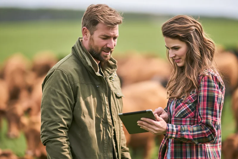 Man and woman discussing on a tablet in a pasture with cattle in the background