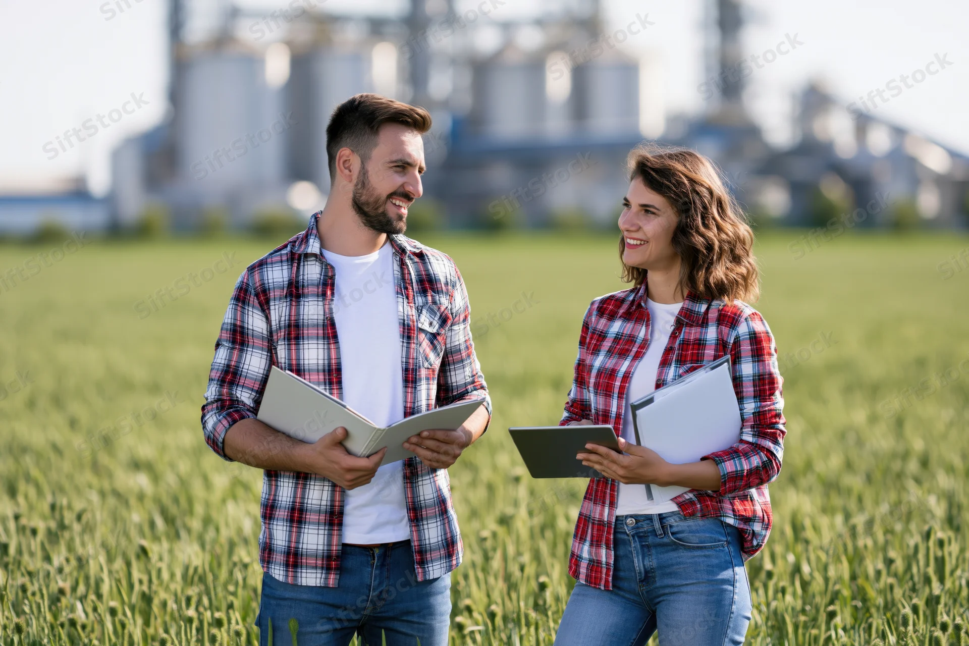Man and woman in plaid shirts holding tablet and notebook, standing in wheat field near grain silos, smiling and talking