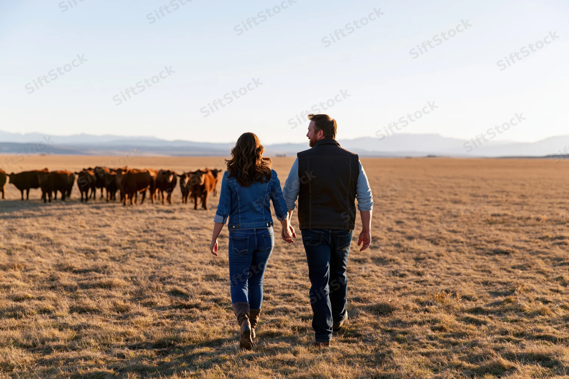 Couple walking hand in hand across a grassy field toward a herd of cattle on a ranch at sunset