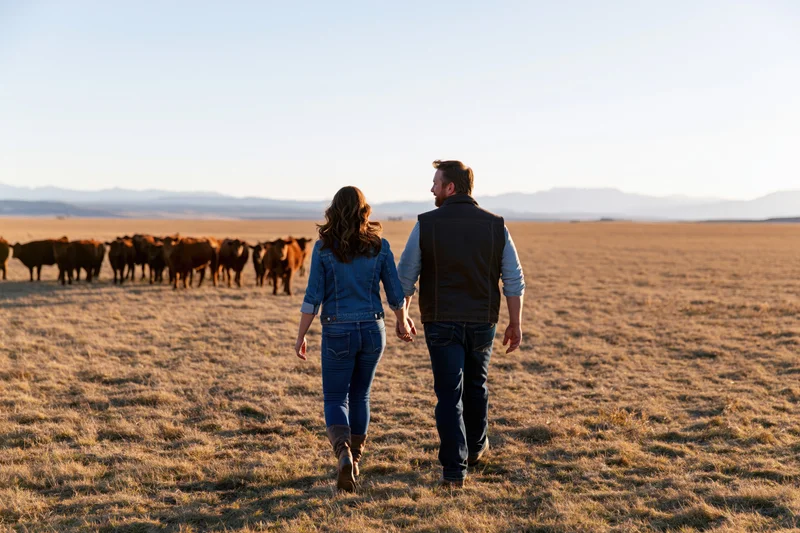 Couple walking hand in hand across a grassy field toward a herd of cattle on a ranch at sunset