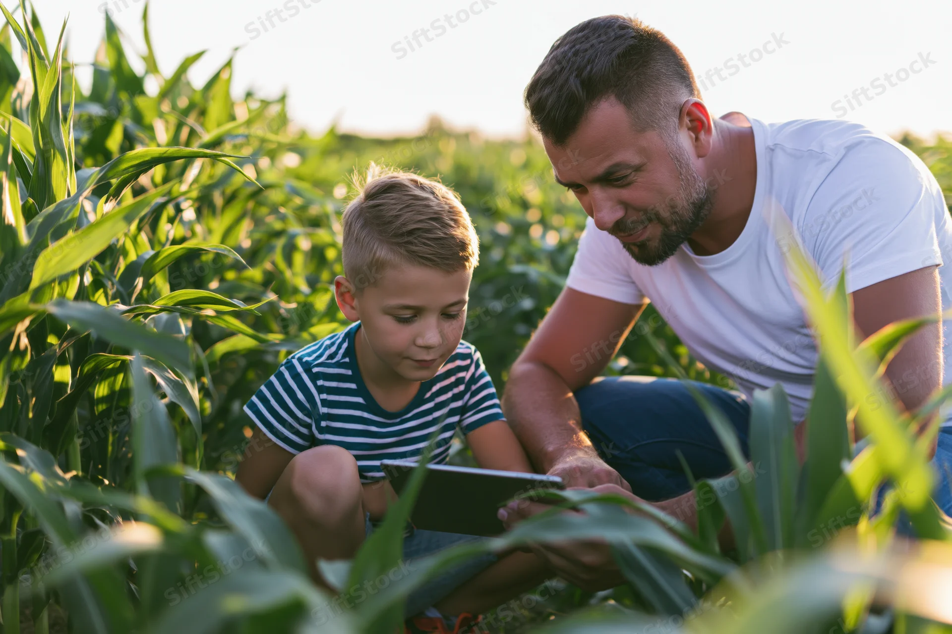 Father and son using tablet in cornfield during daytime