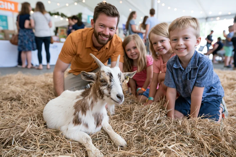 Man and children smiling with goat on hay at outdoor farm event