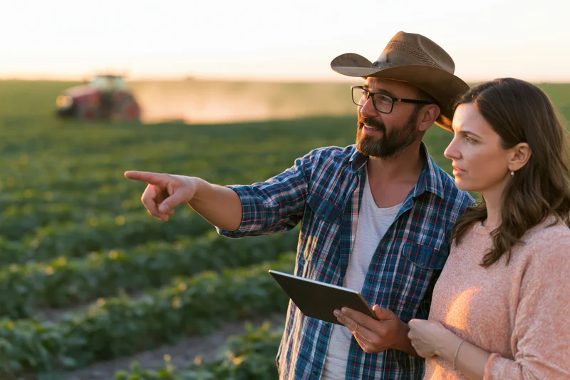 Farmer and woman discussing crop growth in a field with tractor in background