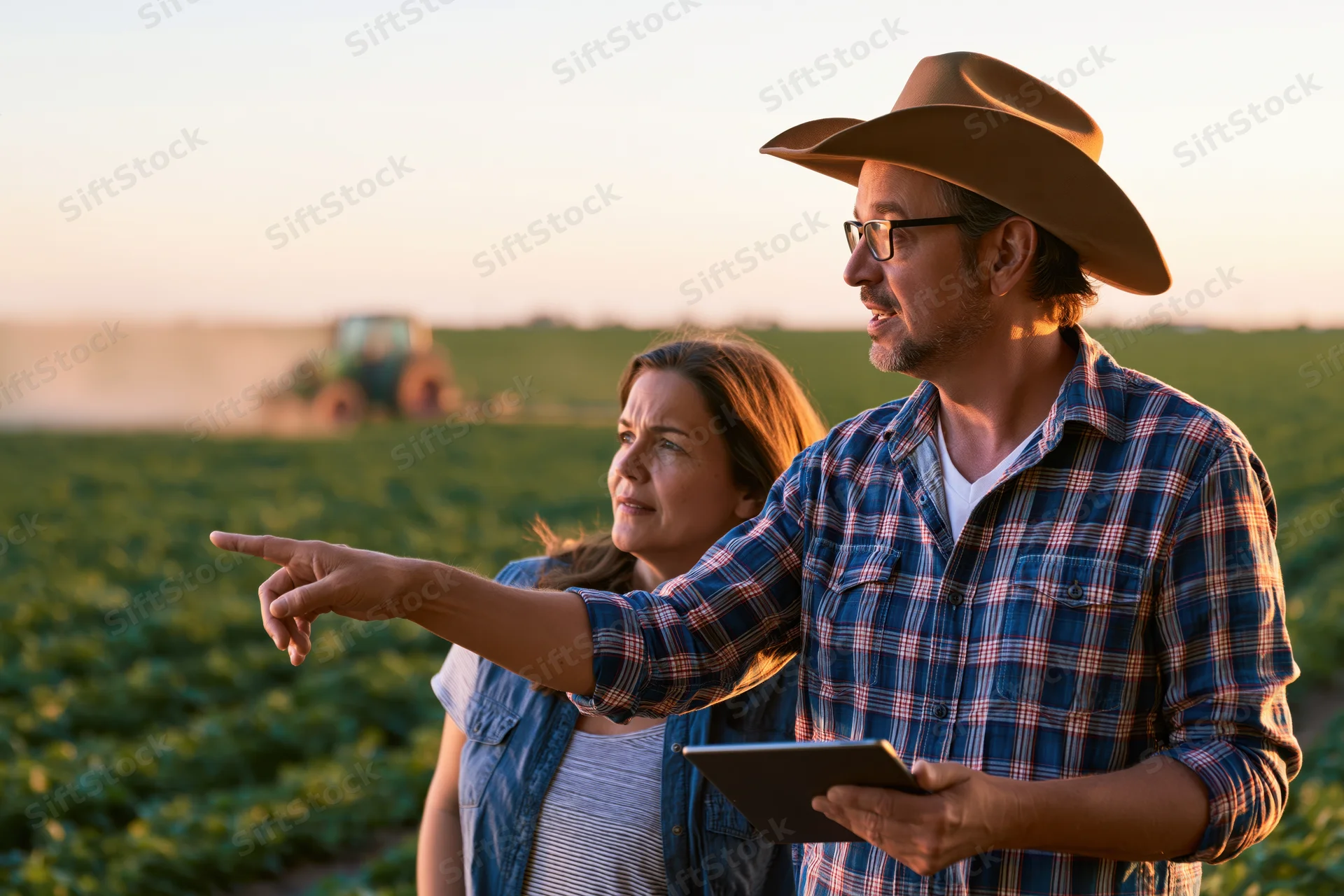 Man and woman discussing crop field while pointing and holding tablet, with tractor in background
