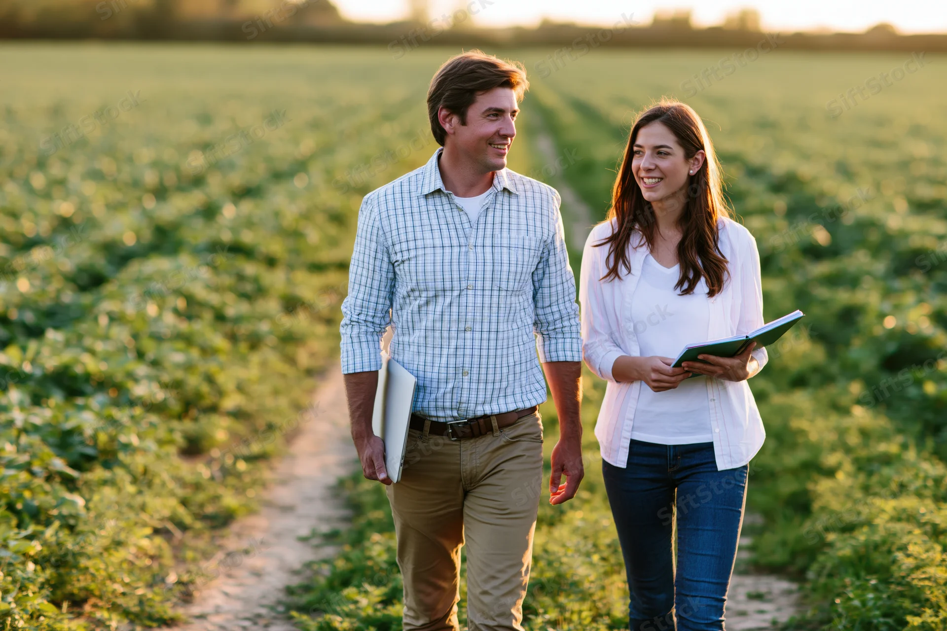 Man and woman walking through a green crop field smiling while holding notebook and laptop
